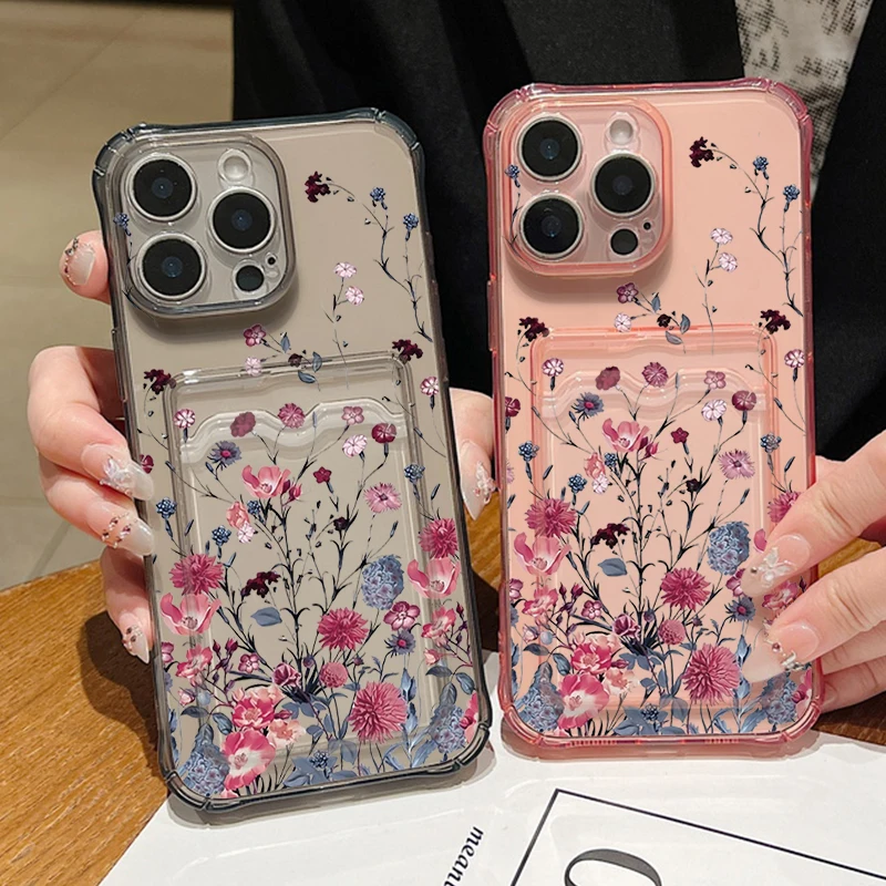 Clear Flowers Patterned Card Holder Phone Case For iPhone 17 Air 16 15 14 13 Pro Max 15 16 17 Pro 16e 12 11 Soft Card Bag Cover