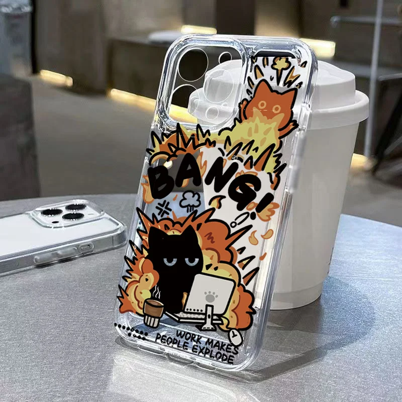 S9c693944835a47b2b9139d01848c21985-1.webp Creative Label Black Cat Transparent Phone Case For iPhone 15 16 16E 17 Air 14 13 12 11 Pro Max 7 8 Plus Soft Silicone Cover
