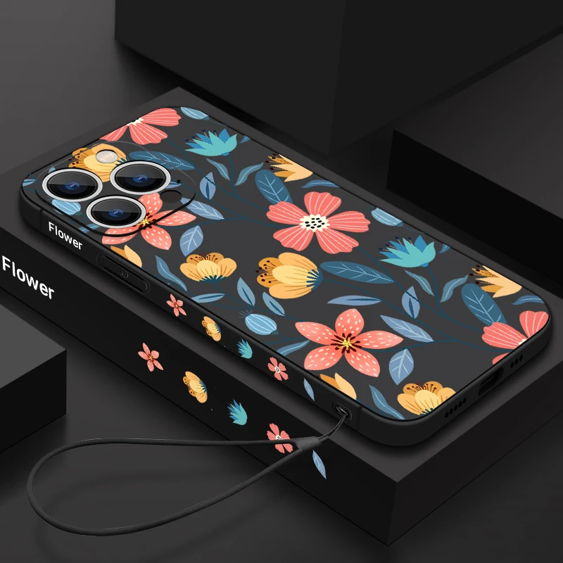 Flowers Soft Silicone Lanyard Case For iPhone 17 16e 15 16 Pro Max 12 13 14 11 Pro Max Air Shockproof Bumper Strip Phone Cover