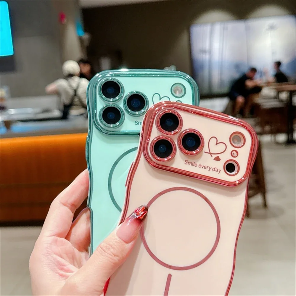 For Magsafe Plating Love Heart Wavy Lines Phone Cases for IPhone 17 16 14 13 12 11 Pro Max 16 15 Plus 17 Air Case Magnetic Cover