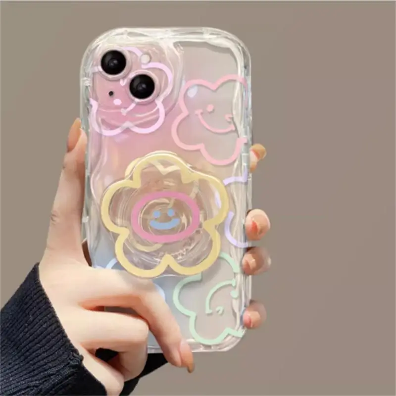 Color Smile Flower Grip Holder Wave Phone Case for Iphone 17 16 Pro Max 17 Air 11 12 13 Mini 14 Plus 15 Pro Max 16E Soft Cover