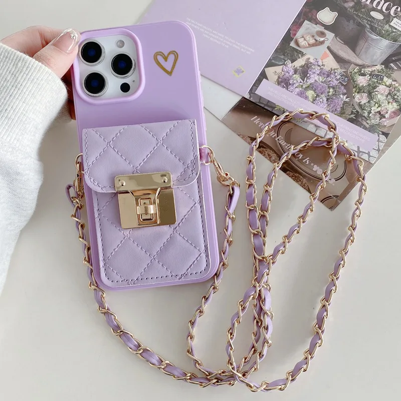 Love Heart Card Holder Wallet Phone Case For iPhone 17 Air 11 12 13 14 15 Pro Max 16 Plus Crossbody Lanyard Strap Rope Cover