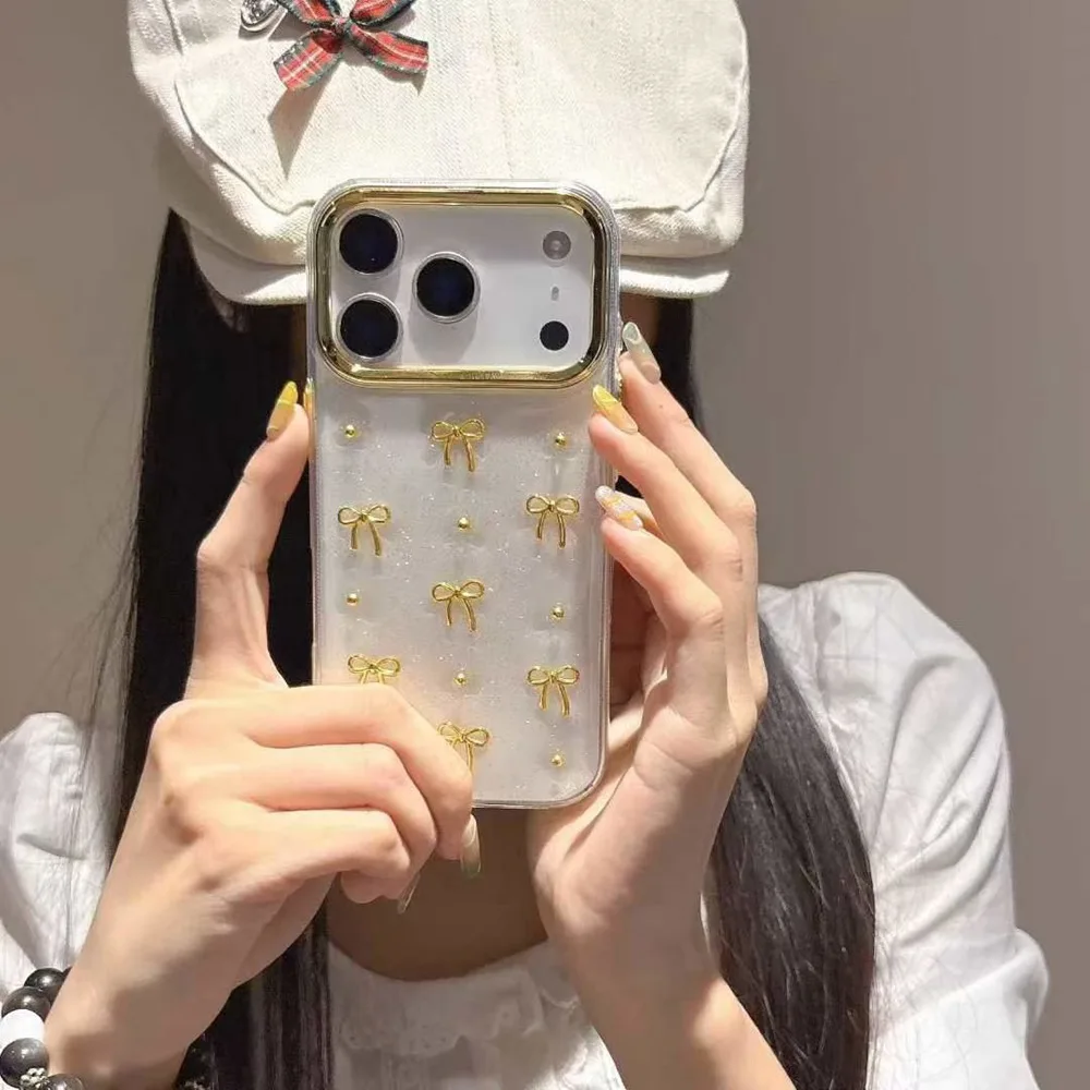 Cute 3D Golden Bowknot Transparent Case For iPhone 17 Air 11 12 13 14 16 Pro Max 15 Plus Girl's Epoxy Shell Clear Slim Cover
