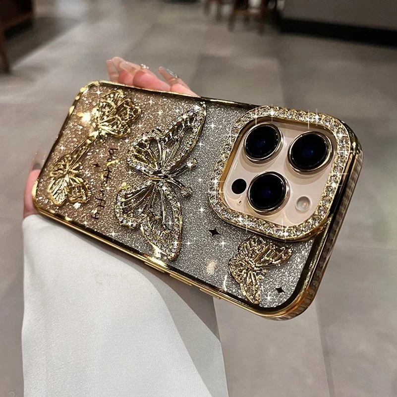 Sa05c28e541674182aa80193ead2a00e8A.webp Plating Women Girl's Diamond Butterfly Phone Case for iPhone 17 16 11 12 13 14 15 Pro Max Plus Transparent Soft Silicone Cover