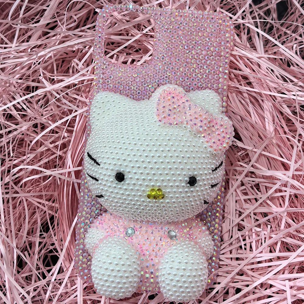 Cute Kitty Cat Rhinestone Bling Crystal Phone Case Chain For iPhone 16 12 13 14 15Pro Max X Xs XR 7 8 Plus SE 2 3 10 Transparent Bu