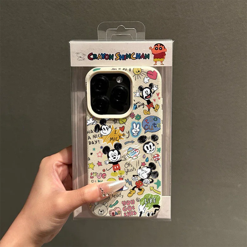 Cartoon Graffiti Mic Mouse Fashion TPU Imitation Leather Phone Case For iPhone 16 Plus 15 14 13 12 11 Pro Max X XR Shock-absorbing