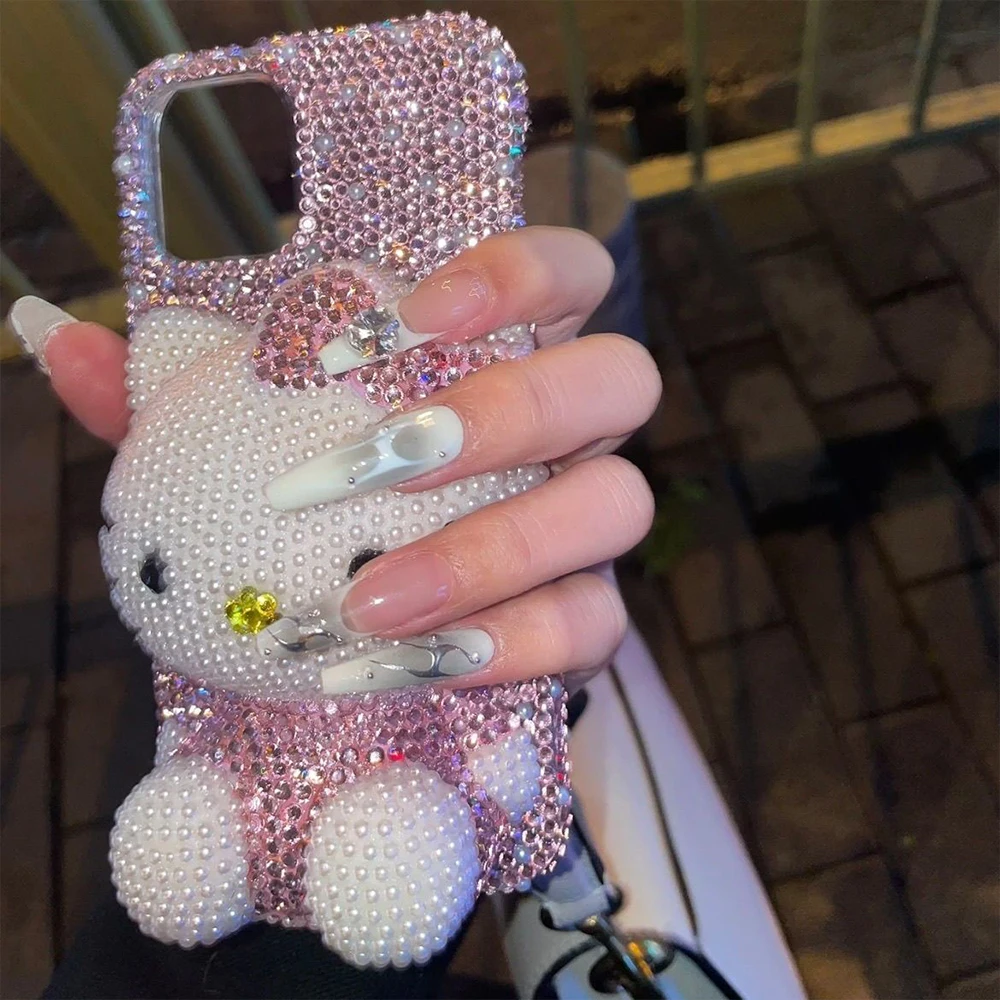 Cute 3D Cat Cartoon Kitty Rhinestone Bling Crystal Phone Case Chain for iPhone 16 12 13 14 15Pro Max X Xs Xr 7 8 Plus Se 2 3 10 Kawaii