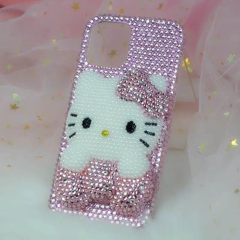 Kitty Cartoon Cat Rhinestone Bling Crystal Phone Case Chain For iPhone17 16 15 14 13 12 11Pro Max XR 7 8 Plus SE Mini Transparent