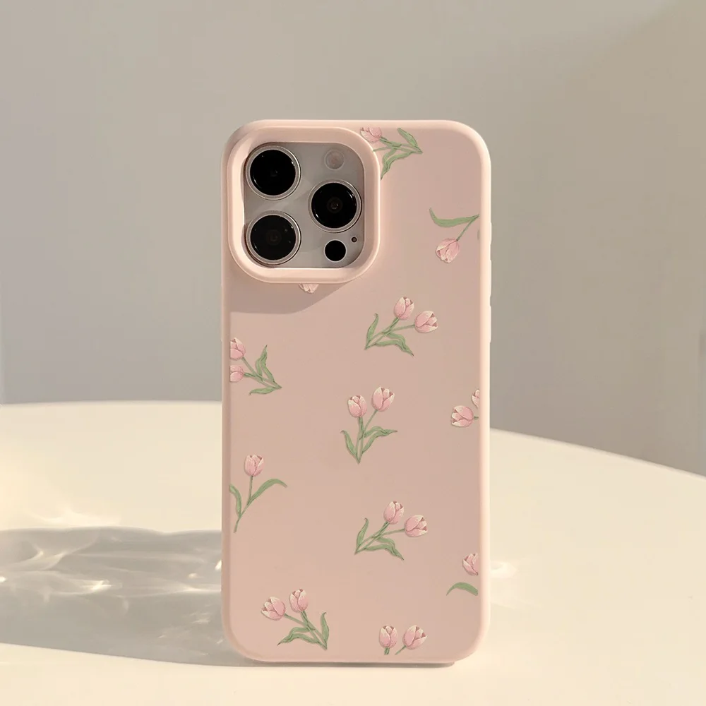 Cute Cartoon Tulip Flower Pattern Phone Case For iPhone 17 16 15 14 13 12 11 Pro Max Plus Silicone Shockproof Cases Cover