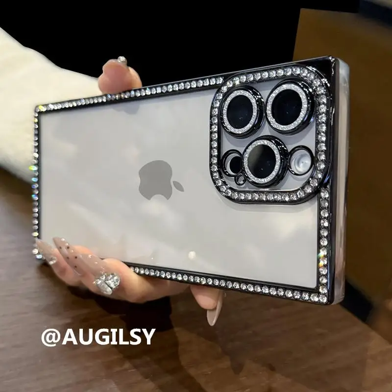 Sa2e0701436cf475195599ca9ed1bc0197.webp Luxury Plating Diamond Rhinestone Case For iPhone 17 Air 16 Pro Max 15 14 13 Bling Glitter Square Soft Clear Shockproof Cover