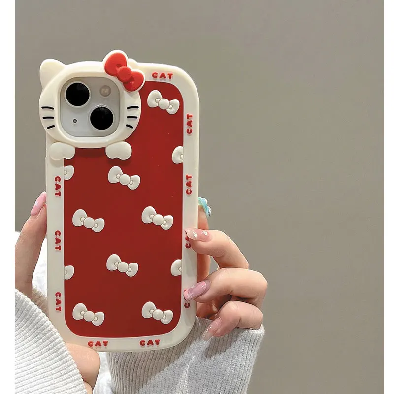 Sa2e8d3655dce426e8cb683a99f8daa28h.webp Lovely Cute Kitty Cartoon Cat 3D Bow KT Head Phone Case For iPhone 16 15 14 13 12 11 Pro Max Cartoon Y2K Pink Kawaii Silicone Cover