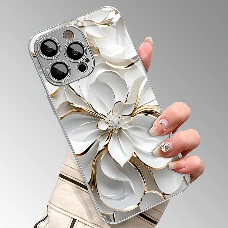 Sa2feb0858ae24318a64582827a7bd321t.webp Oil Painting White Flowers Tempered Glass Electroplated Phone Case For iPhone 17 16 15 14 13 12 11 Pro Max Plus 16E 17 Air Cover