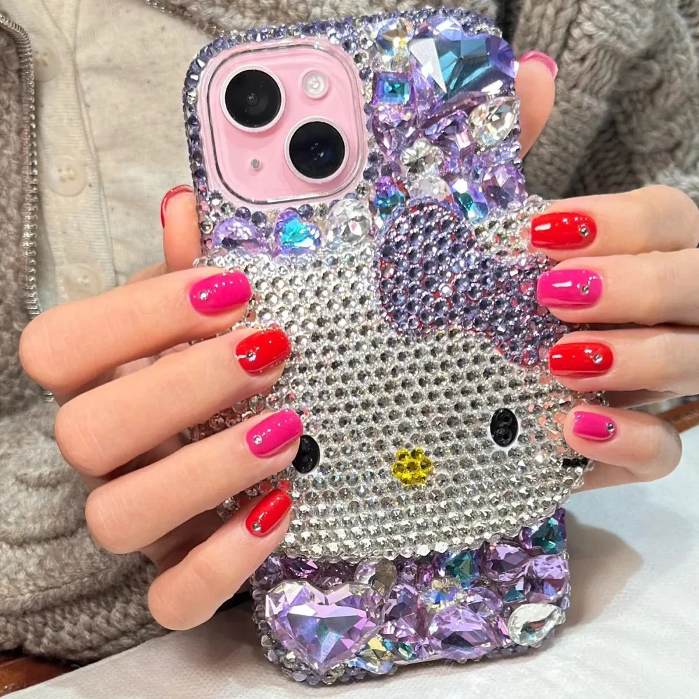 Cute Kitty Cat Rhinestone Bling Crystal Phone Case Chain For iPhone 16 12 13 14 15Pro Max X Xs XR 7 8 Plus SE 2 3 10 Transparent Bu