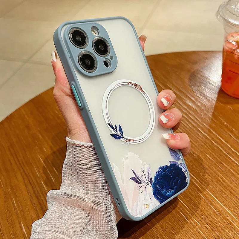 Sa4c2e3dbe0514ba0af8cd8005d767ba68.webp Flower Pattern Case For iPhone 17 16 13 15 Pro Max 14 12 Pro 11 Air Shockproof For Magsafe Charging Iron Ring Matte Phone Cover