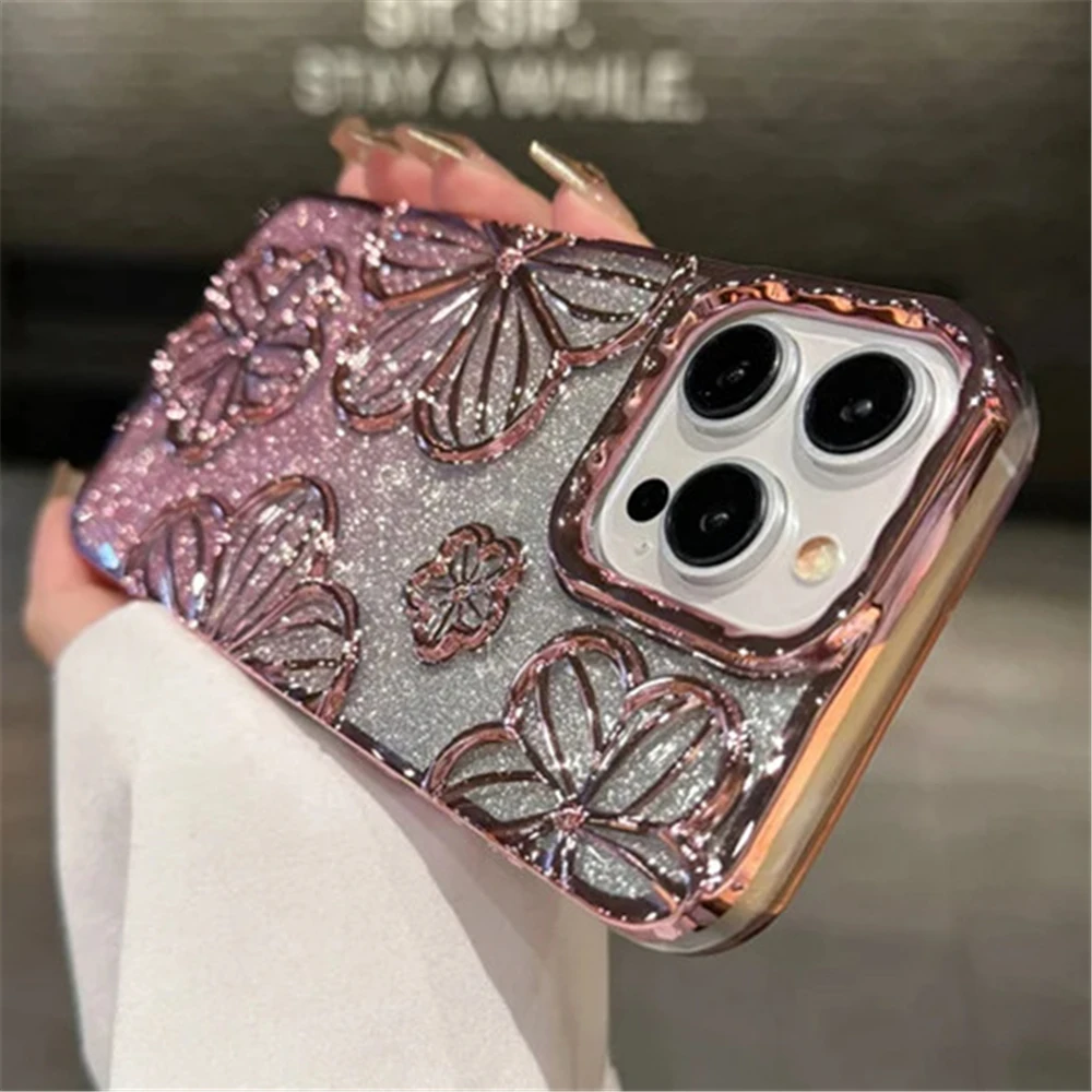 Sa6a4ec3fa86e4935a317161f2fbd09a8F.webp Plating Clear Bling Glitter Gradient Flowers Phone Case For iPhone 17 16 15 11 12 13 14 Pro Max Soft Silicone Shockproof Cover