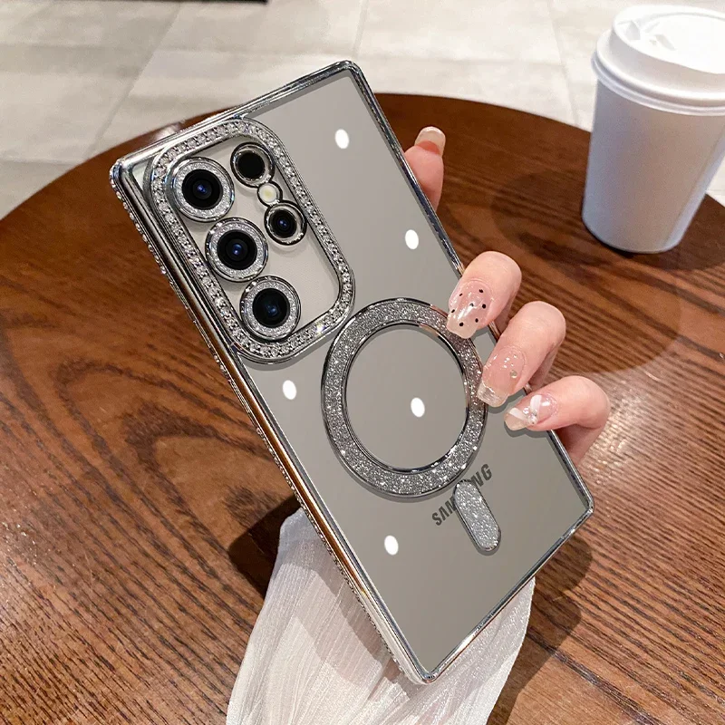Sa6f75c7602604298b0726c65323c988dW.webp Luxury Sparkly Crystal Clear Case For Samsung Galaxy S24 Plus S23 S22 Ultra Magsafe Magnetic Wireless Charge Lens Film Cover