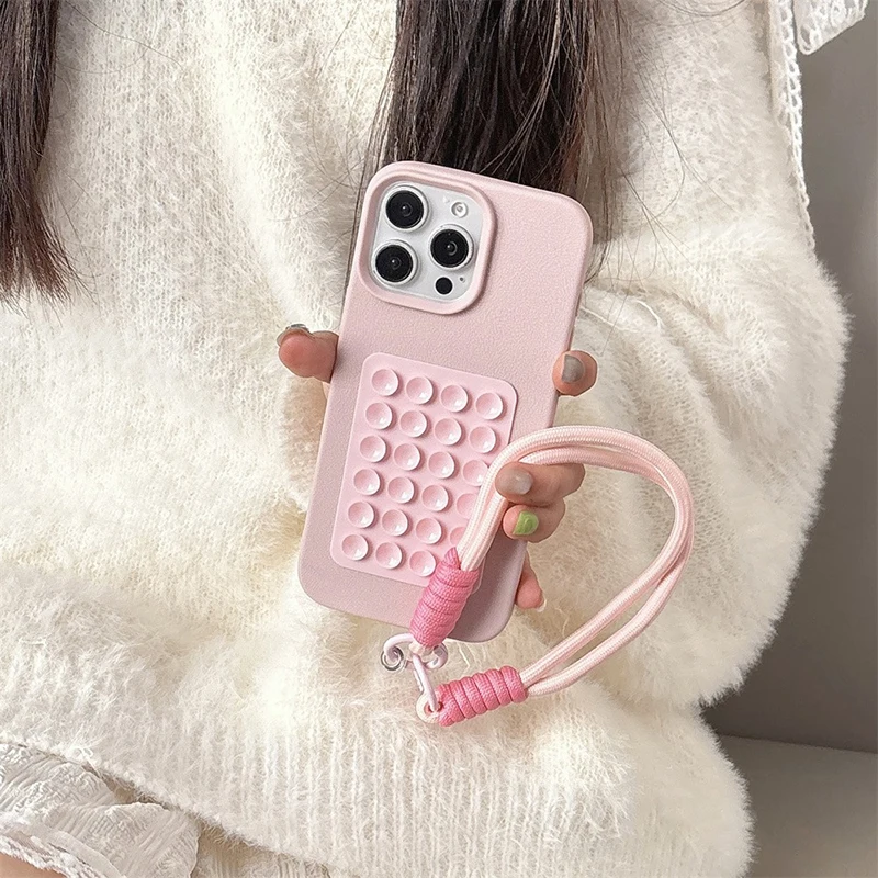 Sa77ea56d3a334fb0b97d885f52bab381f.webp Suction Cup Stand Litchi Pattern Phone Case For iPhone 17 16 15 14 13 12 11 Pro Max X XS XR With Lanyard Rope Soft Bumper Cover
