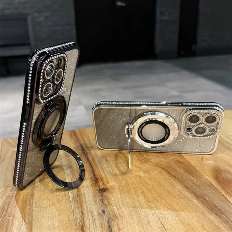 Luxury Plating For Magsafe Magnetic Stand Holder Glitter Diamond Case For iPhone 17 16 15 11 12 13 14 17 Pro Max Silicone Cover