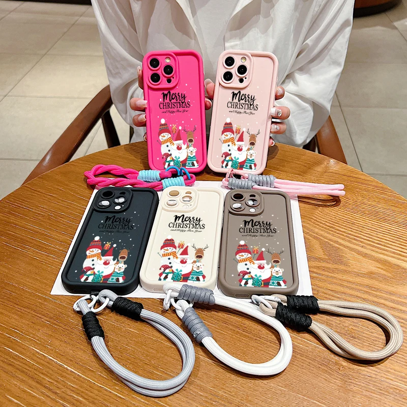 Christmas Pattern Lanyard Rope Phone Case For iPhone 16 15 14 13 12 11 Pro Max X XS XR 7 8 Plus Shockproof Soft Silicone Cover