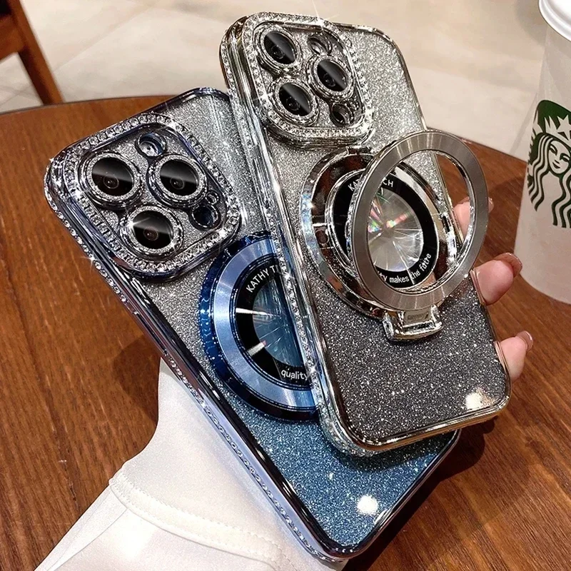 Luxury Plating For Magsafe Magnetic Stand Holder Glitter Diamond Case For iPhone 17 16 15 11 12 13 14 17 Pro Max Silicone Cover