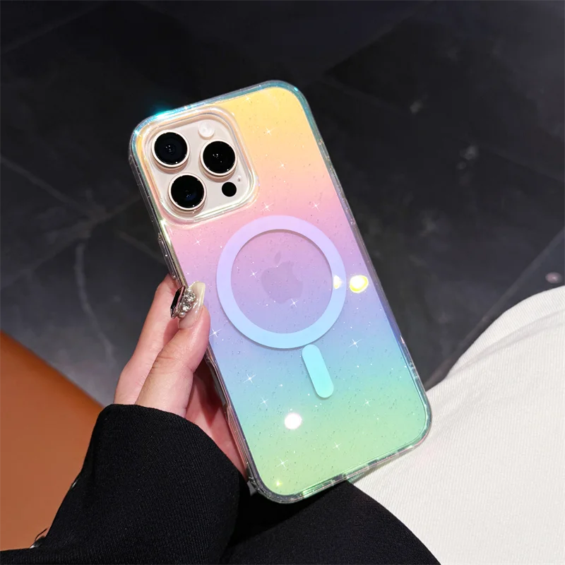 Saa32ba44bcbc4f3e88c5dccfc0cddb9cD.webp Luxury Glitter Diamond Pattern Transparent Colorful Case For iPhone 17 16 15 14 13 12 Pro Max 11 Magnetic Wireless Charge Capa
