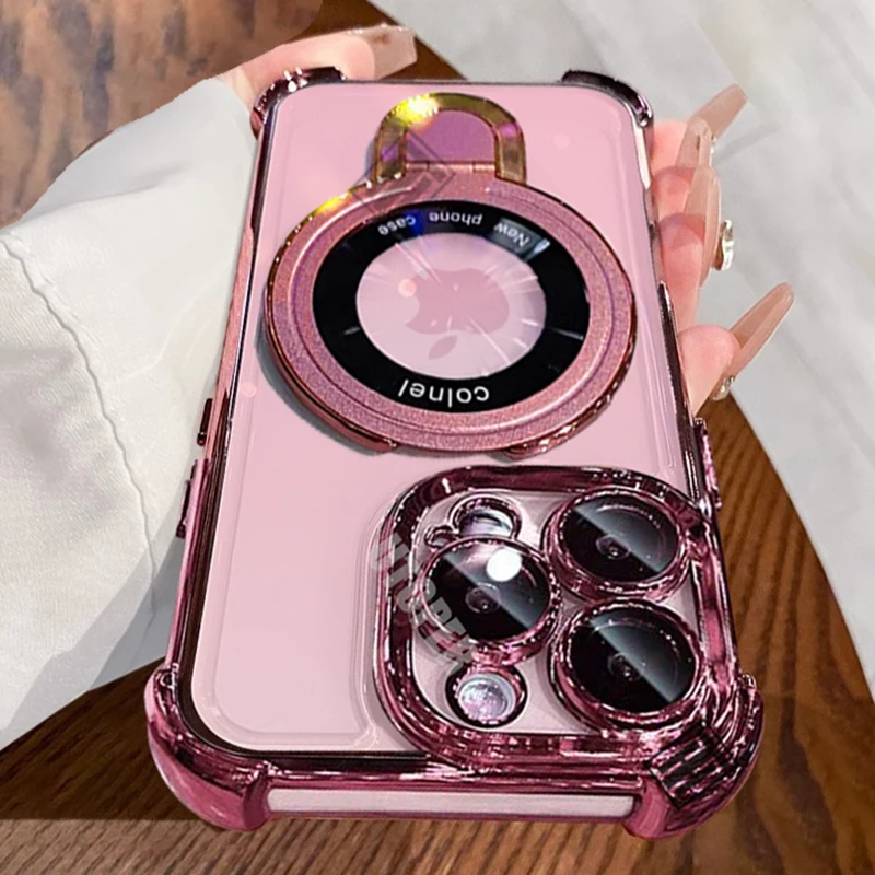 Luxury Shockproof Plating Soft TPU Bracket Case for iPhone 17 Air 16 15 14 13 11 12 Pro Max Plus Magsafe Magnetic Protect Cover
