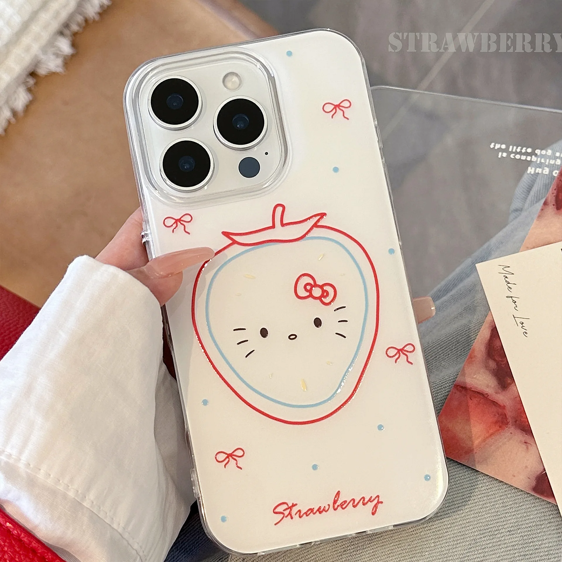 Cartoon Kitty Strawberry Phone Case For iPhone 16 13 14 15 12 11 Pro Max XS XR X With Pendant Shockproof Hard Cover