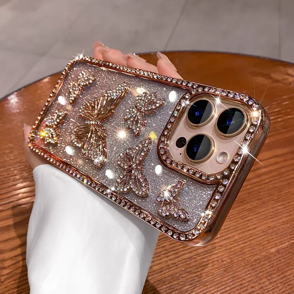 Saaea5148965749f388eb3f28c0d07c872.webp Glitter 3D Butterfly Shiny Case For iPhone 17 16 15 14 13 12 11 Pro Max Diamond Bling Sparkly Rhinestone Girls Pink Cute Cover