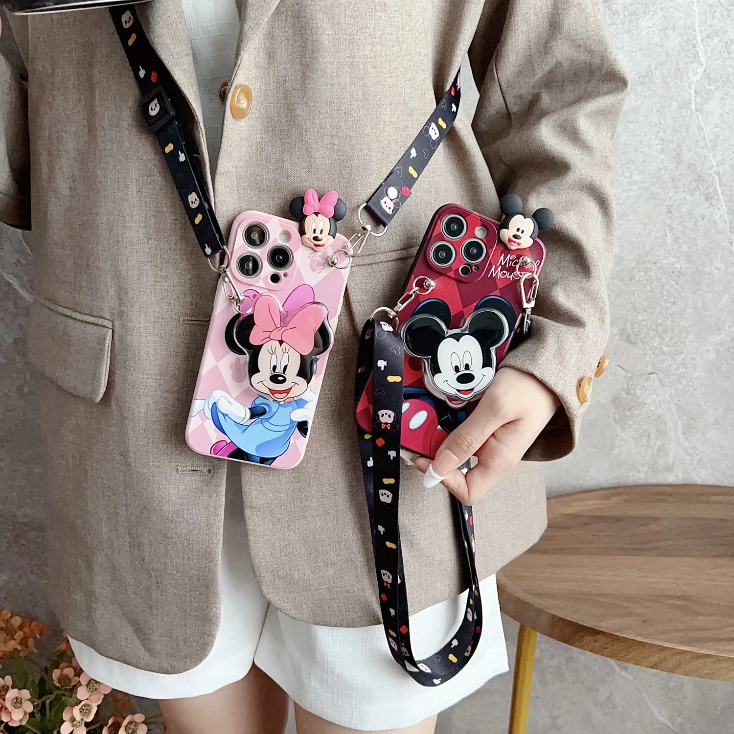 Cartoon Playful Mini Case With Holder Rope For iPhone 16 15 14 13 12 11 XR Xs 8 7 6 Pro Max Plus