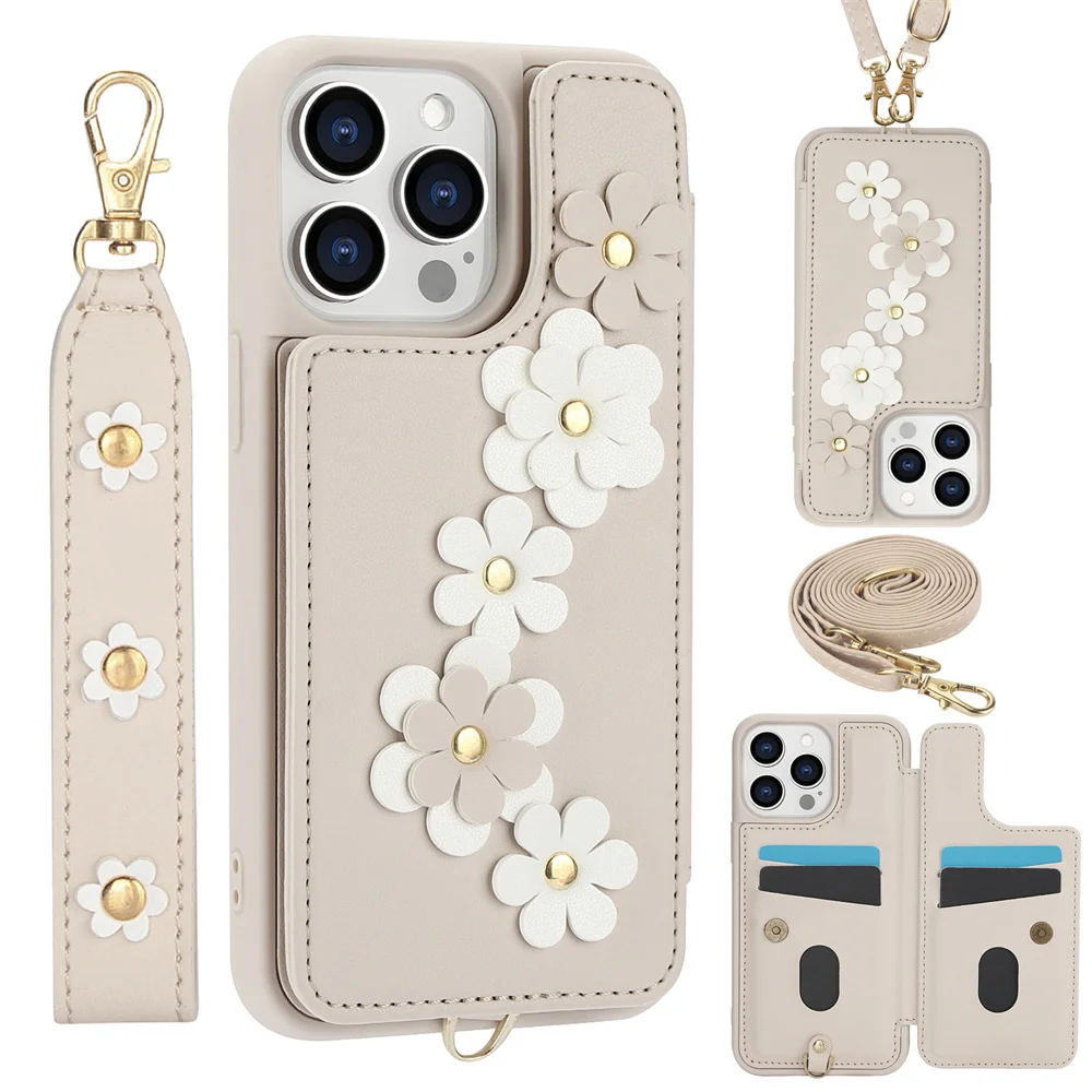 Sabc40d0aa71540aa96cf2dabefbcaa8e5.webp 3IN1 Crossbody Rope Wrist Strap Flowers Leather Wallet Phone Case For iPhone 17 15 11 12 13 14 16 Pro Max Air X S 7 8 Plus Cover