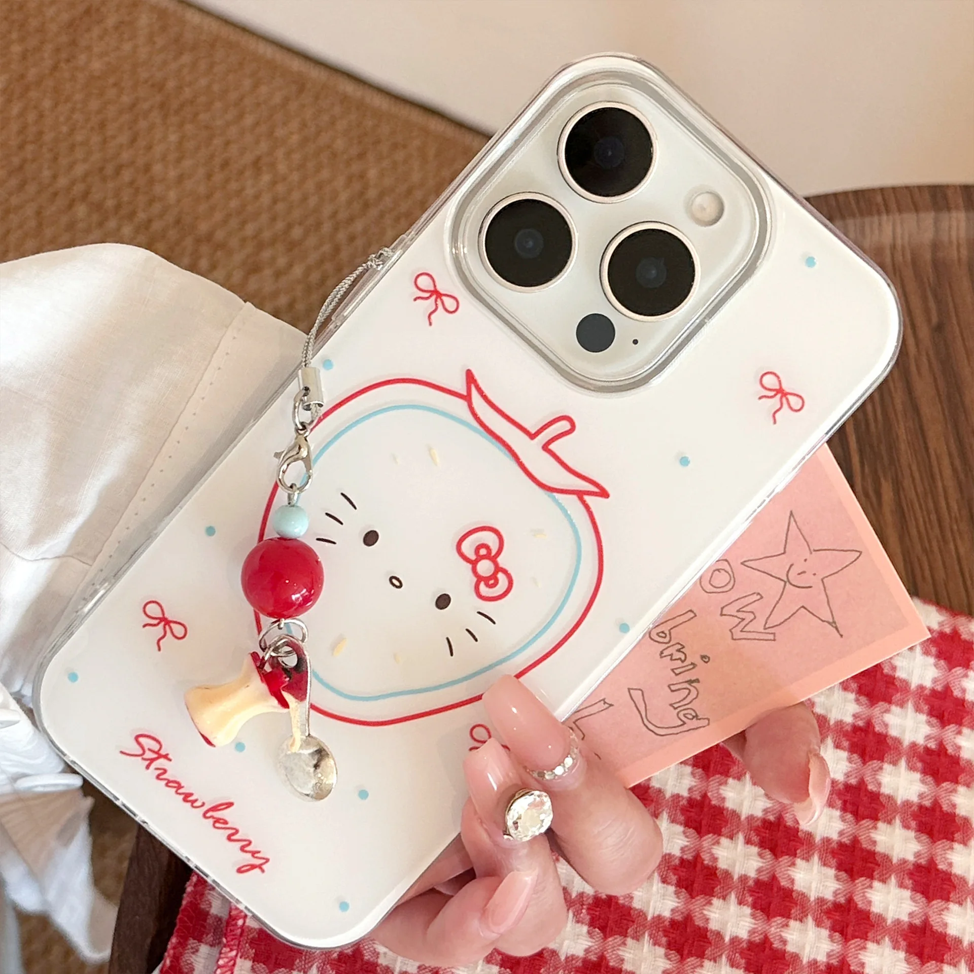 Cartoon Kitty Strawberry Phone Case For iPhone 16 13 14 15 12 11 Pro Max XS XR X With Pendant Shockproof Hard Cover