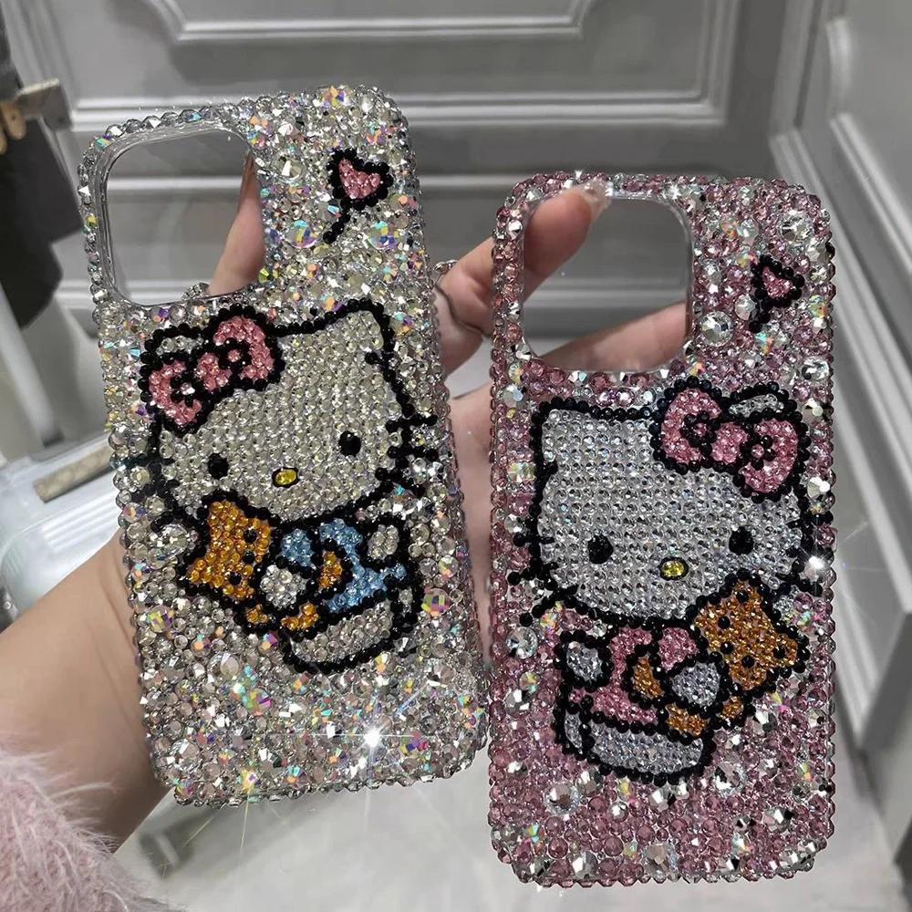 Cute Kitty Cat Rhinestone Bling Crystal Phone Case Chain For iPhone 16 12 13 14 15Pro Max X Xs XR 7 8 Plus SE 2 3 10 Transparent Bu