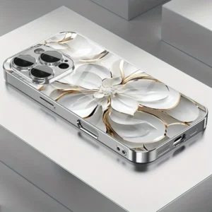 Oil Painting White Flowers Tempered Glass Electroplated Phone Case For iPhone 17 16 15 14 13 12 11 Pro Max Plus 16E 17 Air Cover