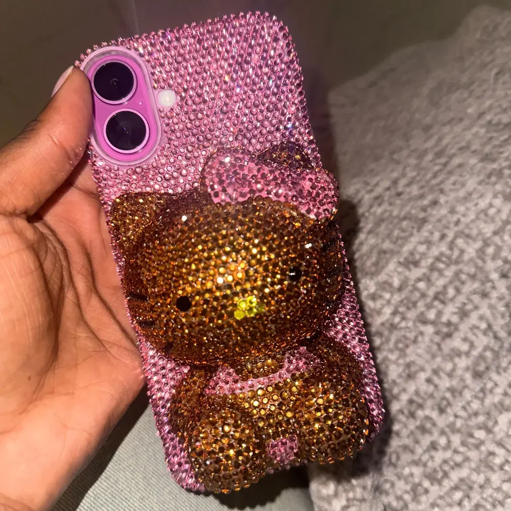 Cute Kitty Cat Rhinestone Bling Crystal Phone Case Chain For iPhone17 16 15 14 13 12 11Pro Max X Xs XR 7 8 Plus Transparent Bumper