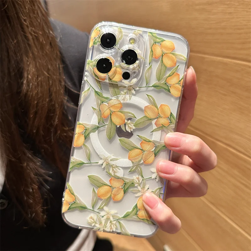 Saebe338deba94fa09943984c206f2245w.webp Transparent Magsafe Magnetic Print Flower Pattern Case iPhone 17 Air 16 11 13 12 14 Pro Max 15 Plus Funda Wireless Charge Clear