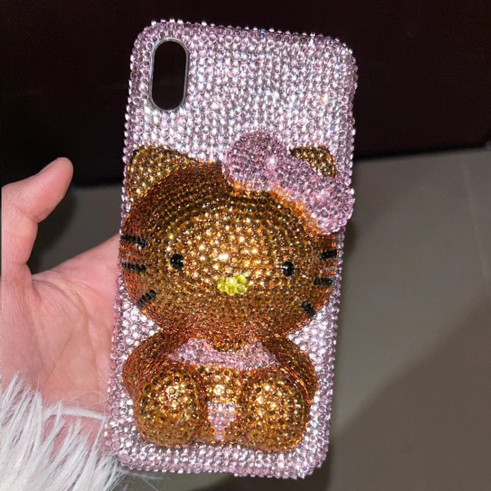 Cute Kitty Cat Rhinestone Bling Crystal Phone Case Chain For iPhone 16 12 13 14 15Pro Max X Xs XR 7 8 Plus SE 2 3 10 Transparent Bu