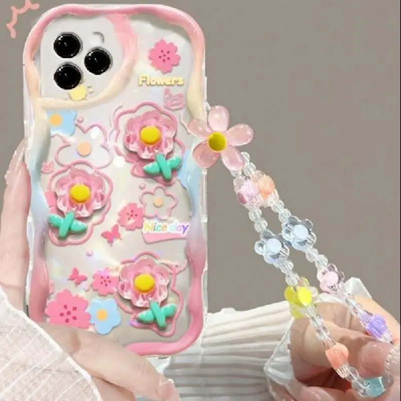 Sb15aaeeafcc54a0ca6df216eb5535c430.webp 3D Cute Pink Flower Phone Chain Lanyard Case for Iphone 17 Air 16 Pro Max 11 12 13 14 15 Pro Max Plus Mini Hang Cover