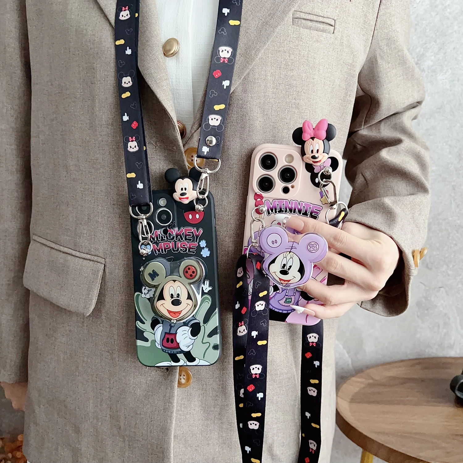 Cartoon Playful Mini Case With Holder Rope For iPhone 16 15 14 13 12 11 XR Xs 8 7 6 Pro Max Plus