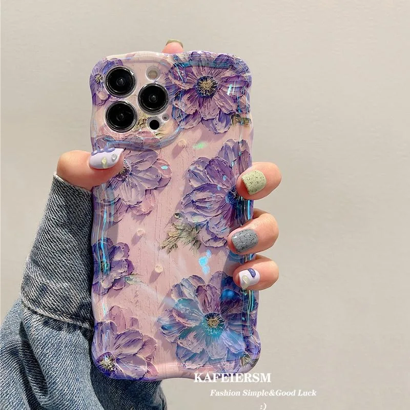 Luxury Laser Blue Light Flowers Phone Case For iPhone 17 Air 16 Pro Max 15 14 13 12 11 Plus Fashion Retro Shockproof Cover
