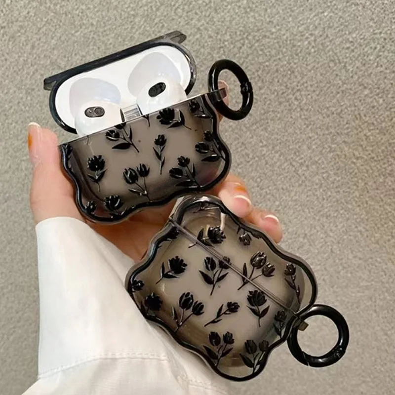INS Clear Black Tulip Flower Case For AirPods 3 2 Cute Transparent Cover Retro Rose Flowers Wave Earphone Soft For AirpodPro New