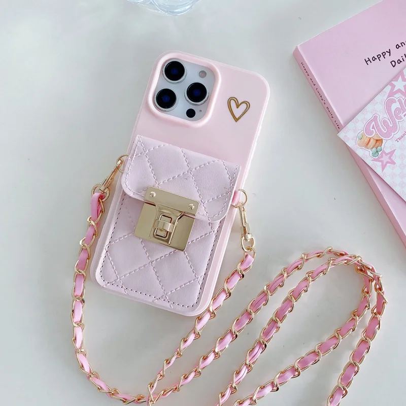 Love Heart Card Holder Wallet Phone Case For iPhone 17 Air 11 12 13 14 15 Pro Max 16 Plus Crossbody Lanyard Strap Rope Cover