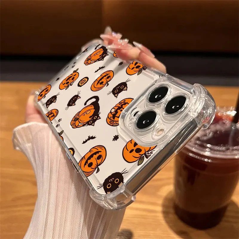Happy Halloween Cat Pumpkin Bat Phone Case Clear For iPhone 17 16 14 15 11 12 13 Pro Max 16E 16 Plus 17Air Soft Shockproof Cover