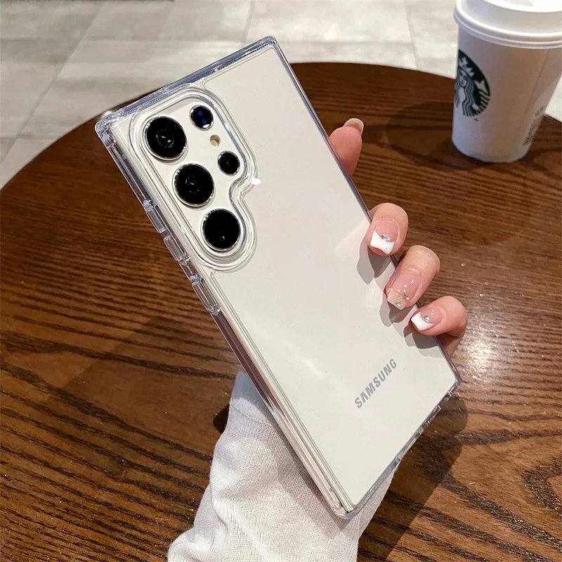 Sb5099ef2f78944dc85935cdac69e19fcC.webp Luxury Transparent Hard Acrylic Phone Case For Samsung Galaxy S25 Ultra S24 FE S23 S22 Plus Clear Shockproof Soft Bumper Cover