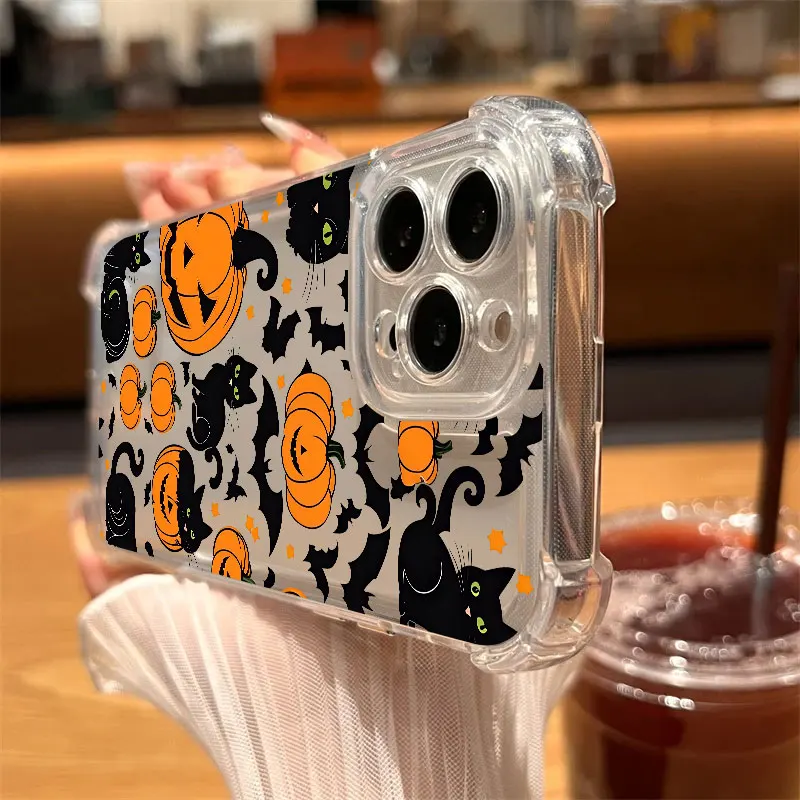 Happy Halloween Cat Pumpkin Bat Phone Case Clear For iPhone 17 16 14 15 11 12 13 Pro Max 16E 16 Plus 17Air Soft Shockproof Cover