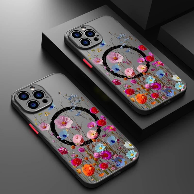 Magnetic Colorful Flower Phone Case For iPhone 17 15 16 Pro Max 14 13 12 Pro Air 11 For Magsafe Wireless Charge Soft Edge Cover