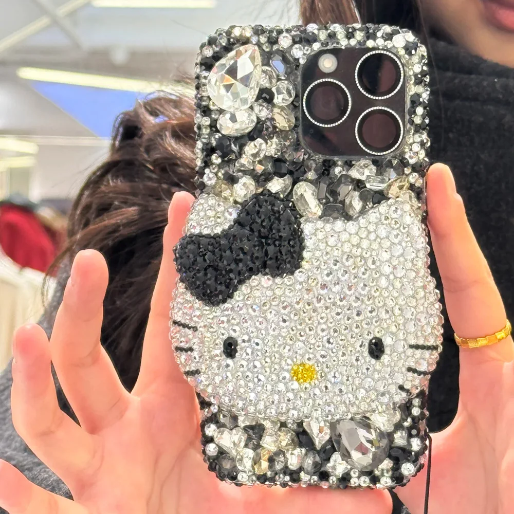 Cute Kitty Cat Rhinestone Bling Crystal Phone Case Chain For iPhone 16 12 13 14 15Pro Max X Xs XR 7 8 Plus SE 2 3 10 Transparent Bu