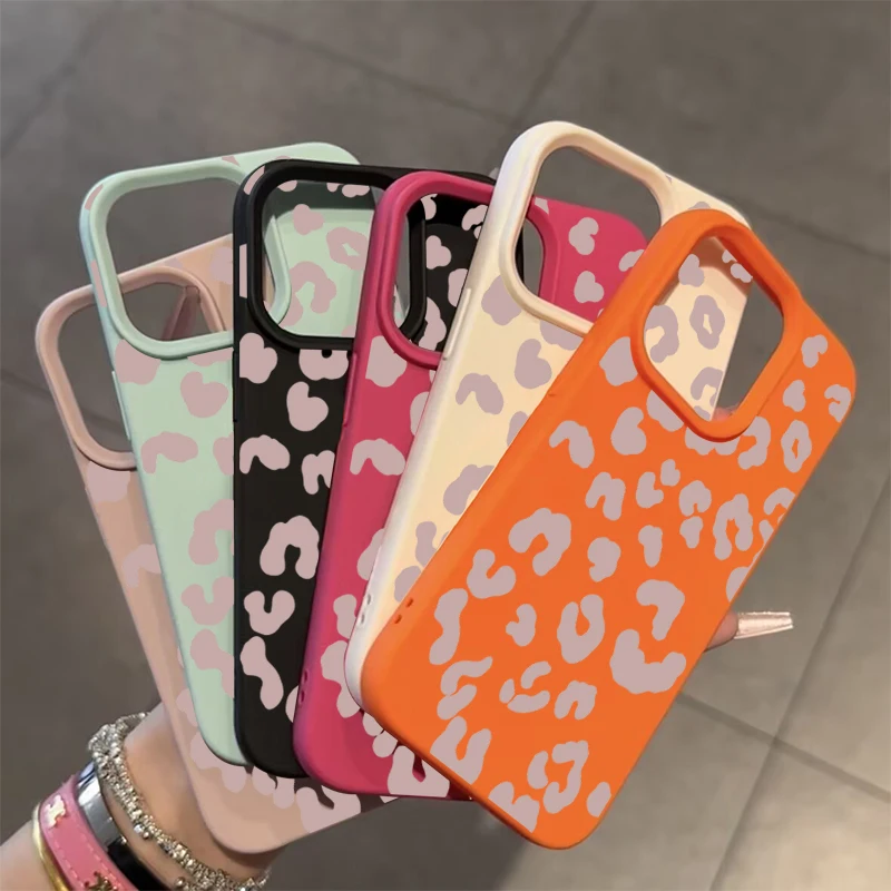 For iPhone 17 16 15 14 13 12 11 Pro Max Case Pink Leopard Print Lichee Pattern Silicone Cover For iPhone XS X XR 16 Plus Fundas