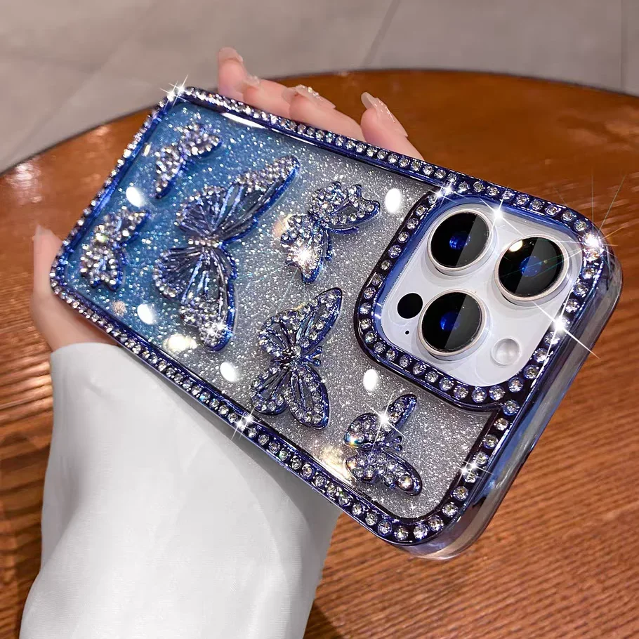 Sb83f361d1c9e40aeb32036d558111005C.webp Glitter 3D Butterfly Shiny Case For iPhone 17 16 15 14 13 12 11 Pro Max Diamond Bling Sparkly Rhinestone Girls Pink Cute Cover