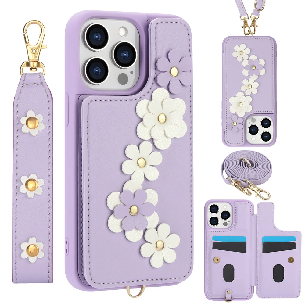 Sb84a736bed91491e981a1be774fa7699S.webp 3IN1 Crossbody Rope Wrist Strap Flowers Leather Wallet Phone Case For iPhone 17 15 11 12 13 14 16 Pro Max Air X S 7 8 Plus Cover