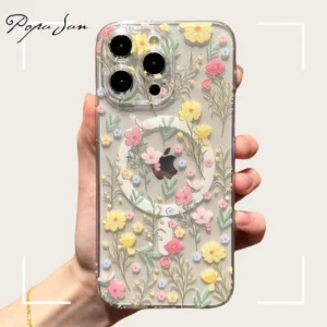 Sb855e9eb932143b0a57c55b1c3fa327eI.webp Transparent Magsafe Magnetic Print Flower Pattern Case iPhone 17 Air 16 11 13 12 14 Pro Max 15 Plus Funda Wireless Charge Clear